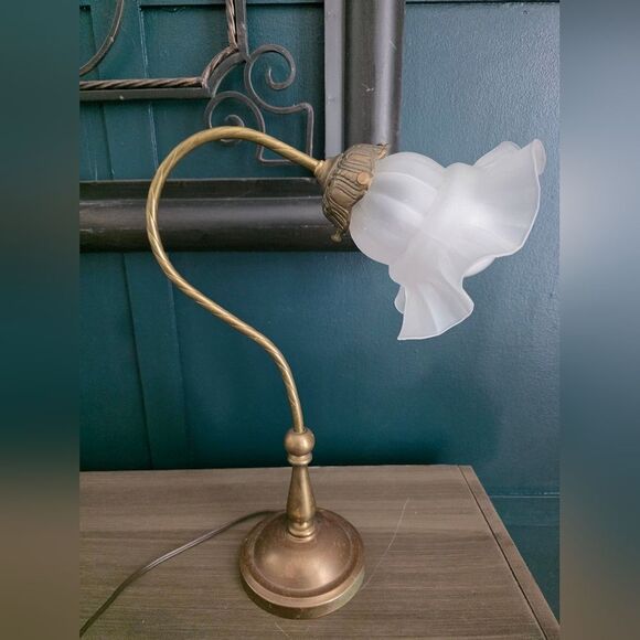 Vintage Brass And Glass Gooseneck Table Lamp/Decorative Nightstand French 16x11 - Picture 1 of 12